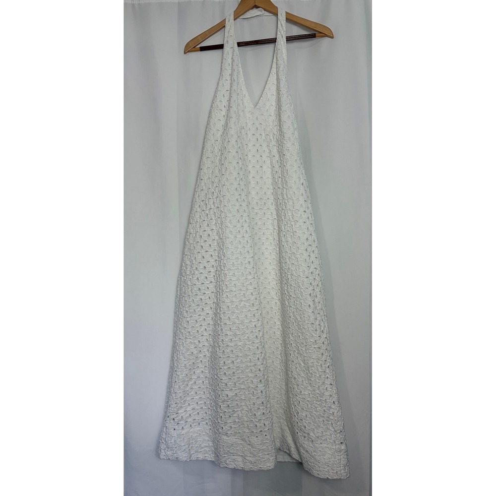 White Eyelet Lace Halter Boho Bridal Maxi Dress Pockets Boho Large Cottagcore